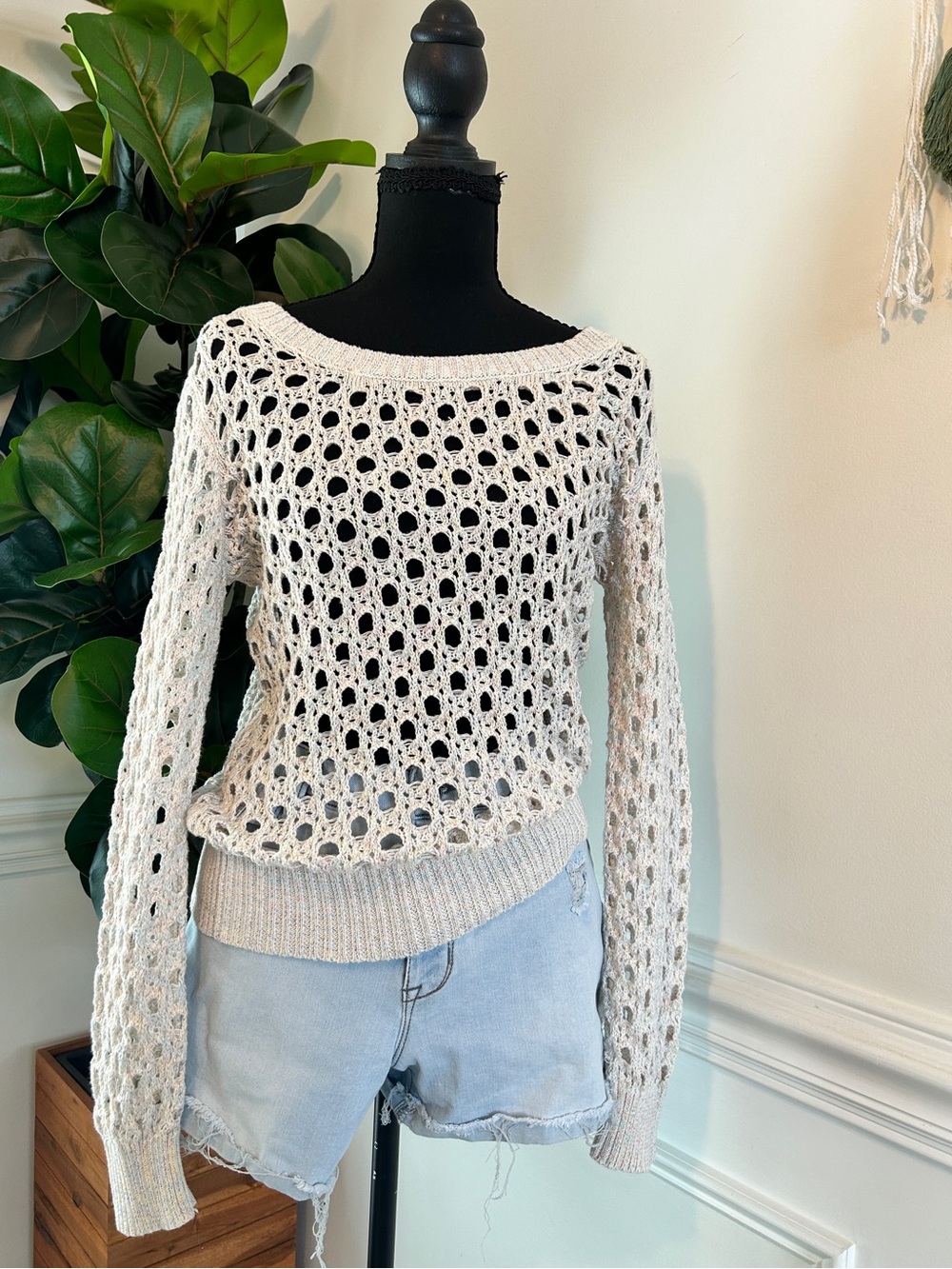 Pink Rose Open-Knit Cream Scoop-Neck Sweater